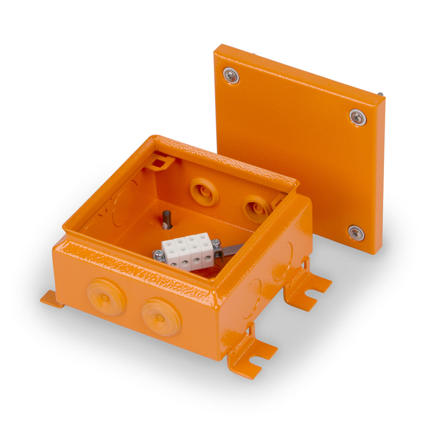 Steel fire protection junction box from Ensto, lid off of the box