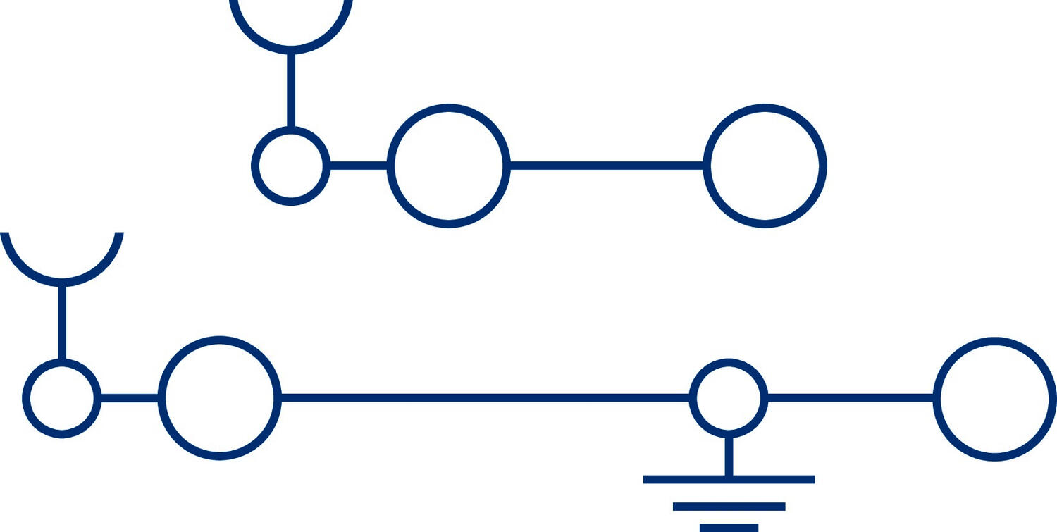 Technical drawing with circles and lines representing electrical connections