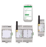 three variations of conta-Clips gsm-pro2 reporting modules, phone showing Conta-Clip app