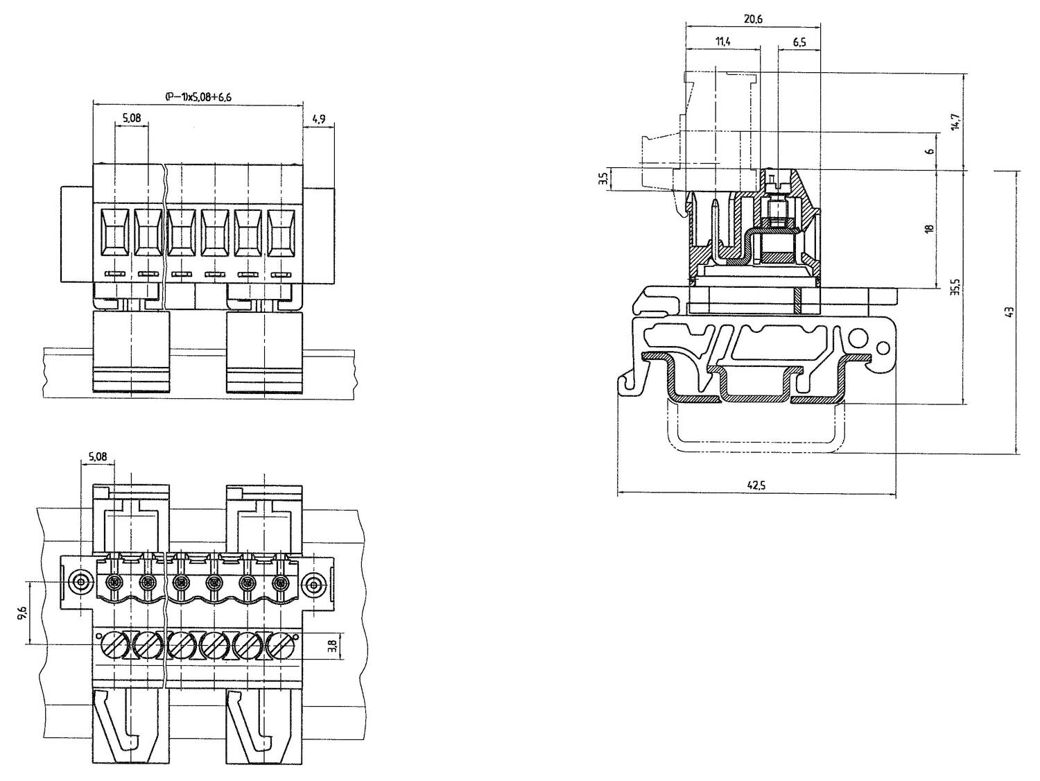 Drawing of an electrical connection block from CONTA-CLIP with detailed dimensions and specifications.